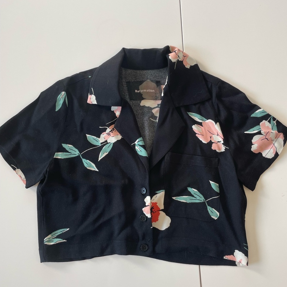 Reformation top and bottom set. Black with floral pattern. Size 2.